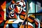 Female classical musician violinist playing a violin or viola in an abstract orchestra cubist style painting