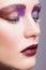 Female closed eye with evening violet eyes shadows, white eyelashes and purple lips makeup