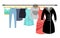 Female clothing wardrobe. Ladies colorful casual clothes hanging on rack vector illustration