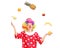 Female clown joggling a bunch of fruits
