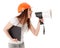 Female construction superintendent with megaphone