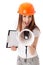 Female construction superintendent with megaphone