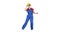 Female construction worker funny dance on white background.