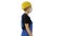 Female construction worker in overalls and in medical mask walking on white background.
