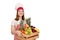 Female cook holds a wooden crate with different fruit