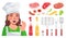 Female cook shows ok, meat, spices, side dish, grill mesh, kitchen appliances. Food Blog. Flat image