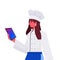 female cook in uniform woman chef using tablet pc cooking food industry concept