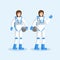 Female cosmonauts in spacesuits flat illustration. Smiling astronauts team standing, waving hand and holding helmets