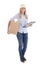 Female courier with carboard box and clipboard isolated on white