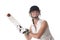 Female cricketer in a white dress with bat, pads, bat and safety helmet.