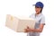 Female delivery staff carrying heavy parcel carton box