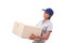 Female delivery staff carrying heavy parcel carton box