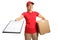 Female delivery worker with a box and a document