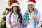 Female dentists wearing santa claus hats holding mock jaw and christmas tree