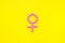 Female diseases. Female gender icon symbol made of pills on yellow background top view copy space