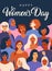 Female diverse faces of different ethnicity poster. Women empowerment movement pattern. International womens day graphic