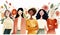 Female diverse faces profile watercolor style, different ethnicity and hairstyle. Woman empowerment movement. Happy International