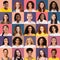 Female diversity collage. Closeup photos of multiethnic ladies posing at studio backgrounds
