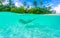 Female diving near exotic island