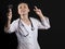 Female doctor on a black background with a light bulb in hands