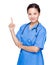 Female doctor with blue uniform and finger point out