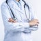 Female doctor body part with hand gesture, young woman physician with stethoscope  on white background, close up, cropped