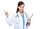 Female doctor finger point up with clipboard