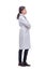 Female doctor full body side view on white background