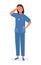A female doctor with a gesticulating face. Headache, frustration, or fatigue. Vector illustration