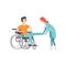 Female doctor helping woman sitting on wheelchair, medical rehabilitation, physical therapy activity cartoon vector