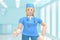 Female doctor in the medical interior of the hospital thumb up. Like, good, success. Cartoon person. 3D rendering