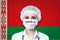 Female doctor in medical mask with the inscription COVID-19 on a blurred background of the flag of  Belarus. Pandemic virus COVID-