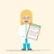 Female doctor or nurse with a clipboard in his hands. The woman in glasses and work clothes . Happy vector character in