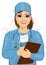 Female doctor or nurse with stethoscope taking notes