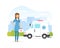 Female Doctor Paramedic Standing next Ambulance Car, Healthcare, Medical Treatment, Transportation Vector Illustration