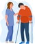 Female doctor physical therapist helping male patient on crutches. A nurse helps a man with crutches to walk. Healthcare