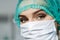 Female doctor\'s face wearing protective mask