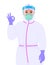 Female doctor in safety protective suit, glasses and mask showing okay, OK gesture sign. Physician gesturing success or winner