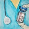 A female doctor with a stethoscope on her shoulder holds the COVID-19 vaccine. Healthcare and medical concept. watercolor illustra