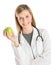 Female Doctor With Stethoscope Holding Granny Smith Apple
