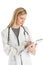 Female Doctor With Stethoscope Writing On Clipboard