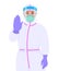 Female doctor wearing personal protective equipment PPE suit, face mask and showing stop sign. Physician or surgeon gesturing