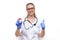 Female doctor in white coat and gloves holds container and shows thumbs up - good analysis. White background. Timely