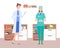 Female doctors or medical staff in doctor s office. Boxes with documents, medicines, first aid