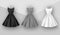 Female dresses mockup collection. Dress with puffy skirt with pleats. Realistic Festive 3d dress without sleeves. White, gray and