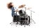 Female drummer playing on a drum set and throwing hair back