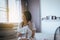 Female drying her long hair with dryer,Young asian woman drying hair with towel