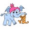 The female elephant plays with her feline friend using its trunk, doodle icon image kawaii