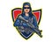 Female Elite Special Force Operator carrying Assault Riffle Cartoon Mascot Logo Badge