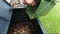 Female emptying bucketful of kitchen waste to the compost bin